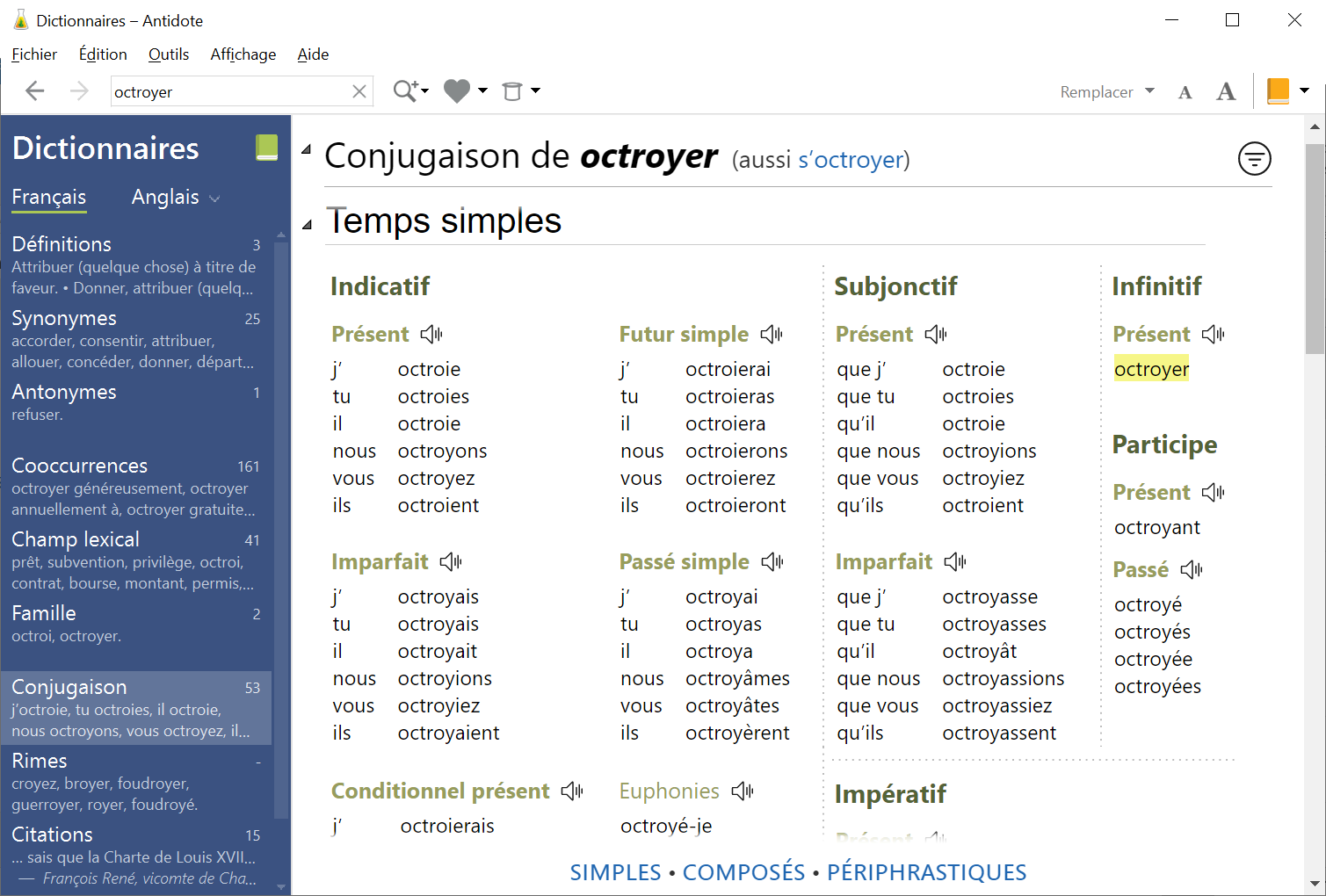 Conjugaison  Aide d'Antidote Mobile